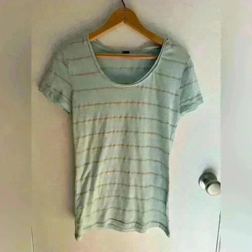 Poof women’s teal striped gold top lightweight cotton shirt fitted size Large